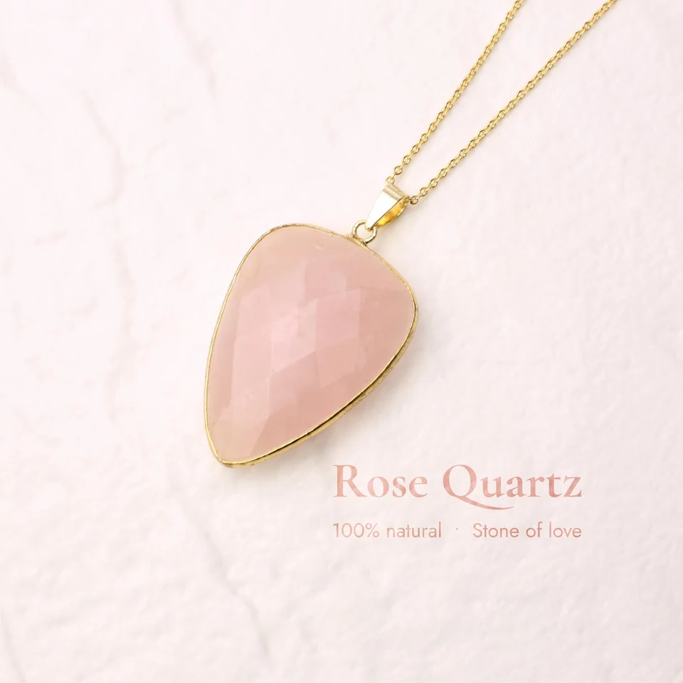 Faceted shield rose quartz pendant necklace in the seller-edited square listing photo.