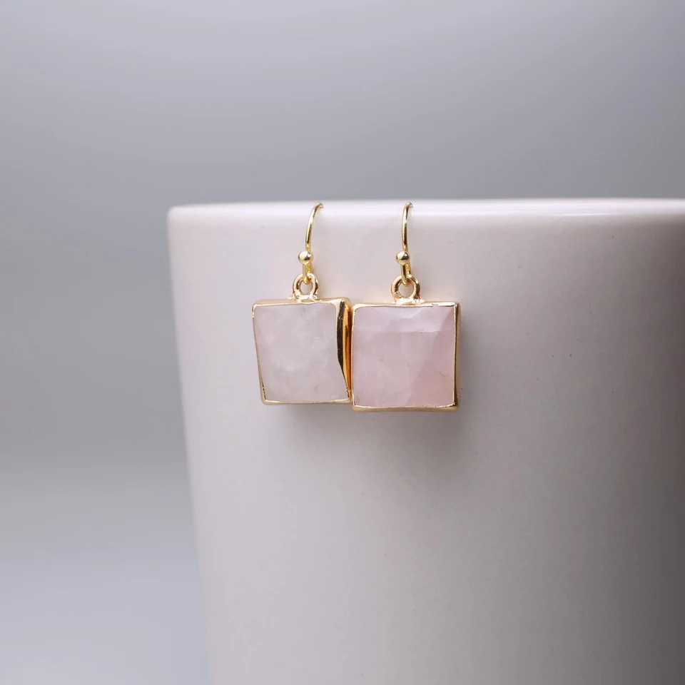 Faceted square rose quartz drop earrings in the seller-edited square listing photo.