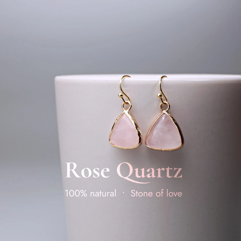 Faceted triangle rose quartz drop earrings in the seller-edited square listing photo.