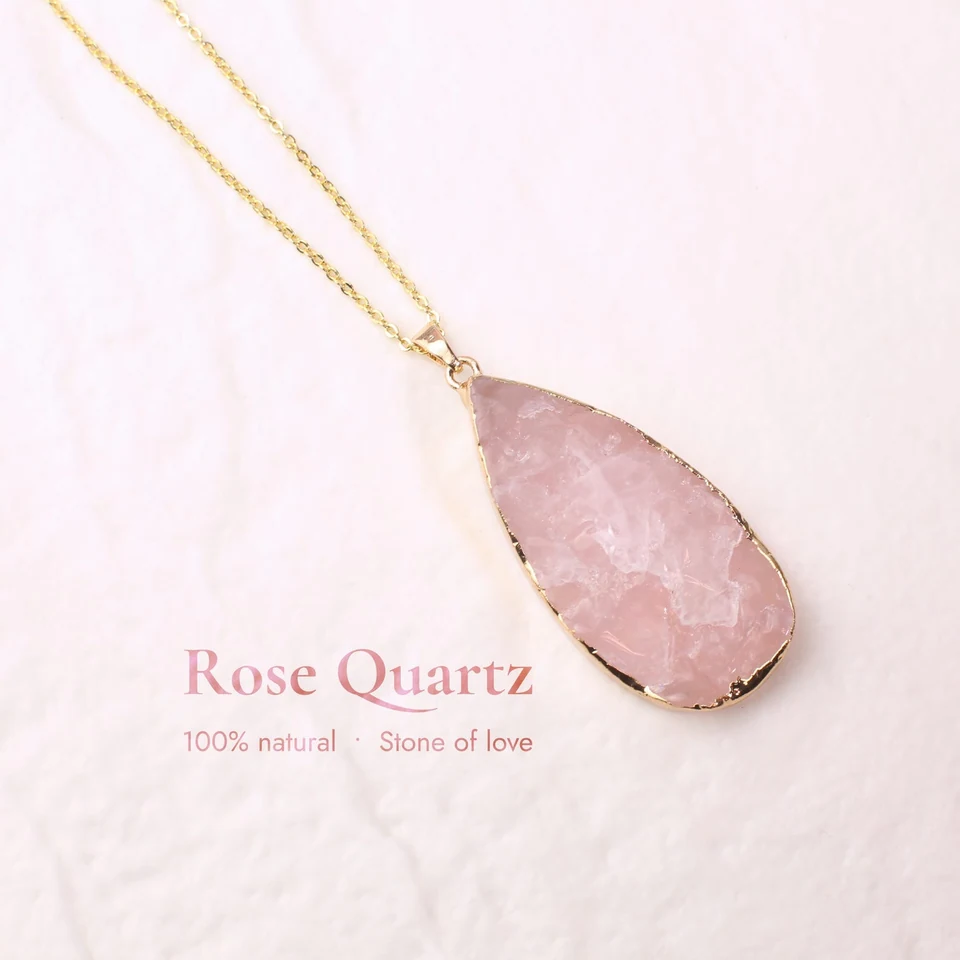 Organic teardrop-like rose quartz pendant necklace in the seller-edited square listing photo.