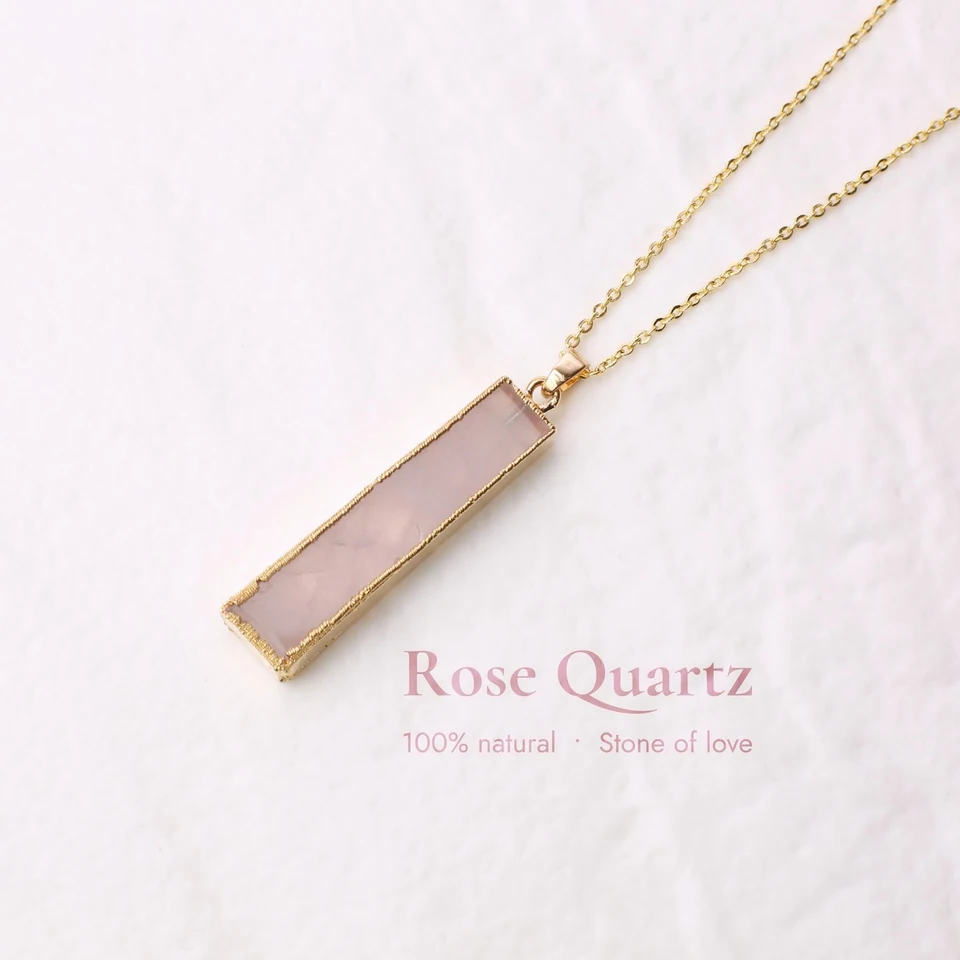 Slender pale rose quartz pendant necklace in the seller-edited square listing photo.