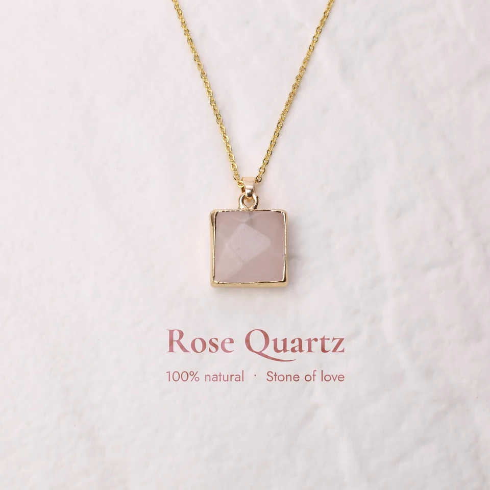 Small square rose quartz pendant necklace in the seller-edited square listing photo.